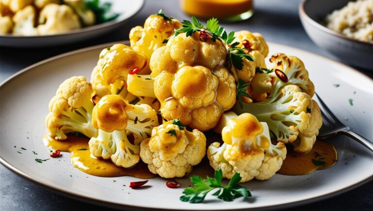 Goldbraun gebackene Blumenkohlröschen, glänzend überzogen mit Honig-Senf-Marinade, garniert mit Chili und frischen Kräutern, serviert auf einem Teller mit Beilagen.