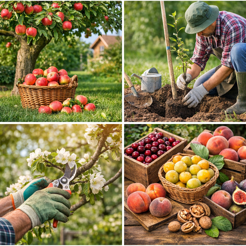 Ein Set von vier Fotos zeigt Obstbäume im Garten: reife Äpfel im Korb unter einem Apfelbaum, ein Gärtner pflanzt einen jungen Obstbaum, Zweig wird mit Gartenschere geschnitten, Körbe voller frischer Früchte wie Pfirsiche, Zwetschgen und Nüsse.