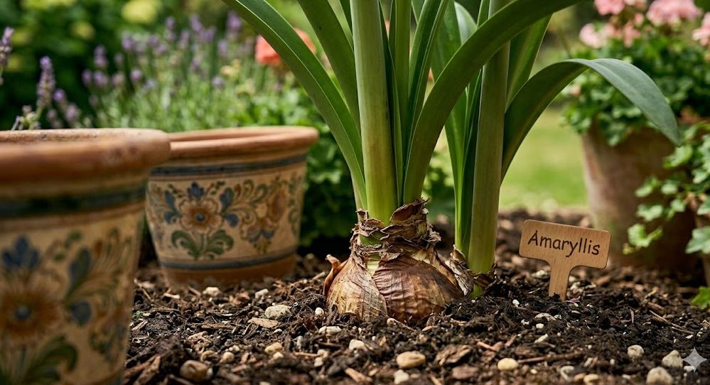 Nahaufnahme Ritterstern Zwiebel und Blätter