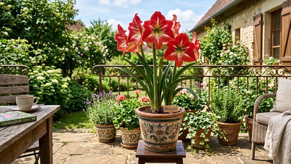 Amaryllis Dekoration auf der Terrasse